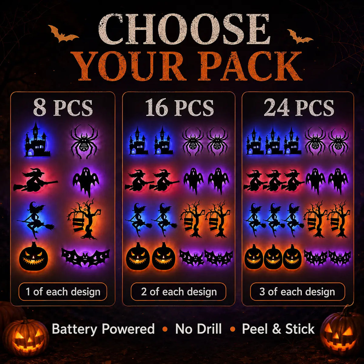 🎃 🌟8 Pcs Halloween LED Silhouette Wall Light Stickers