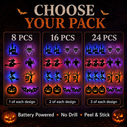 🎃 🌟8 Pcs Halloween LED Silhouette Wall Light Stickers