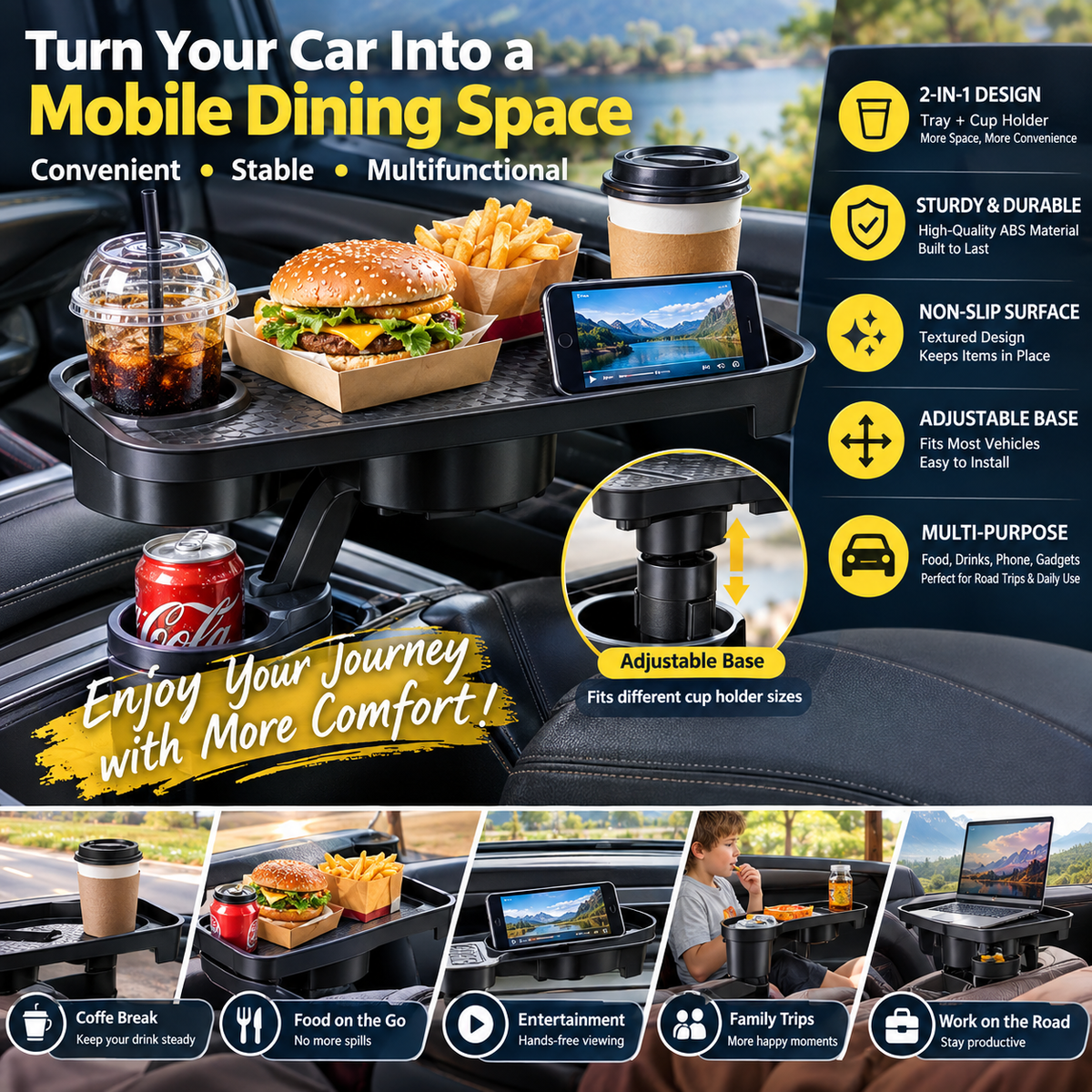 Universal Car Cup Holder Tray With Dining Table