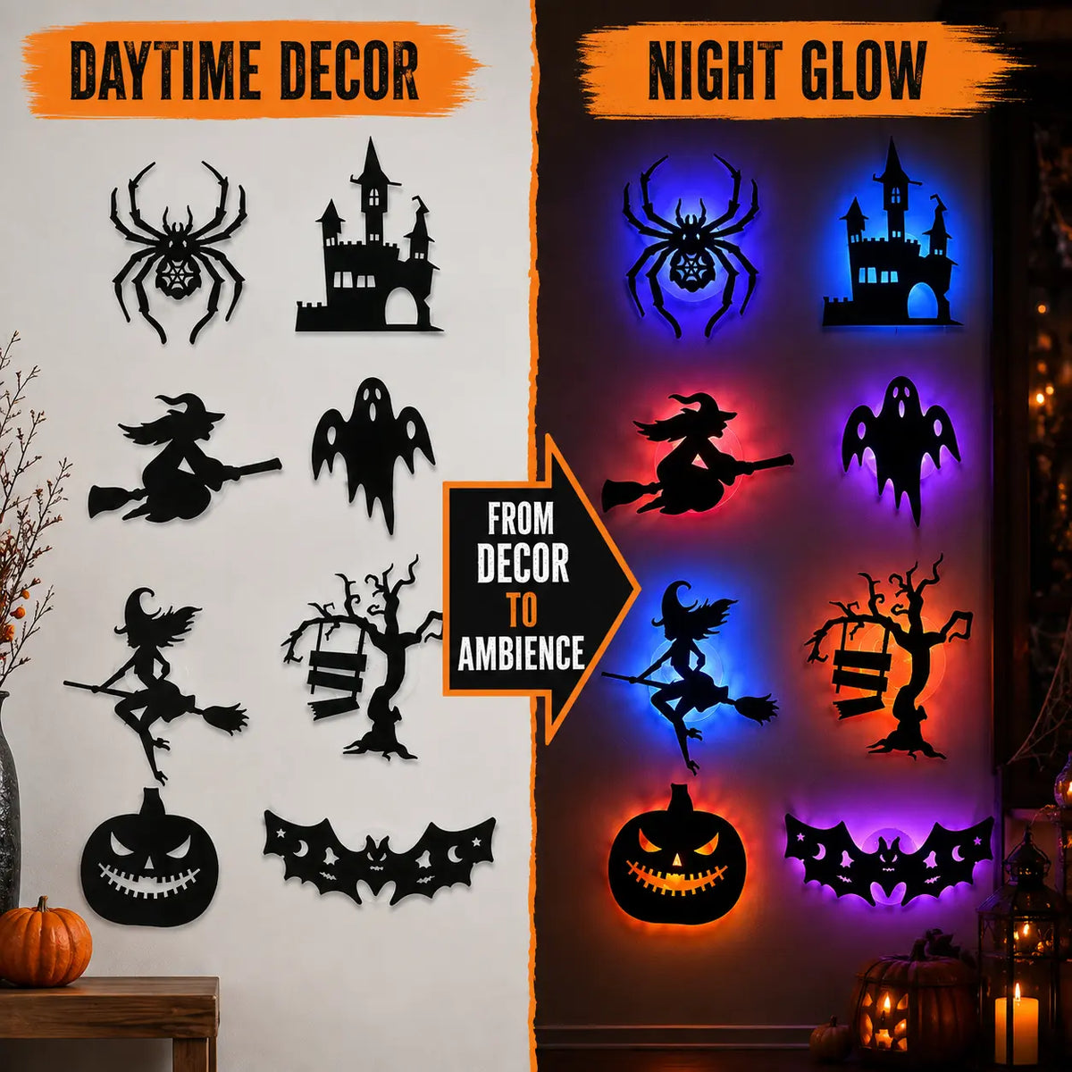 🎃 🌟8 Pcs Halloween LED Silhouette Wall Light Stickers