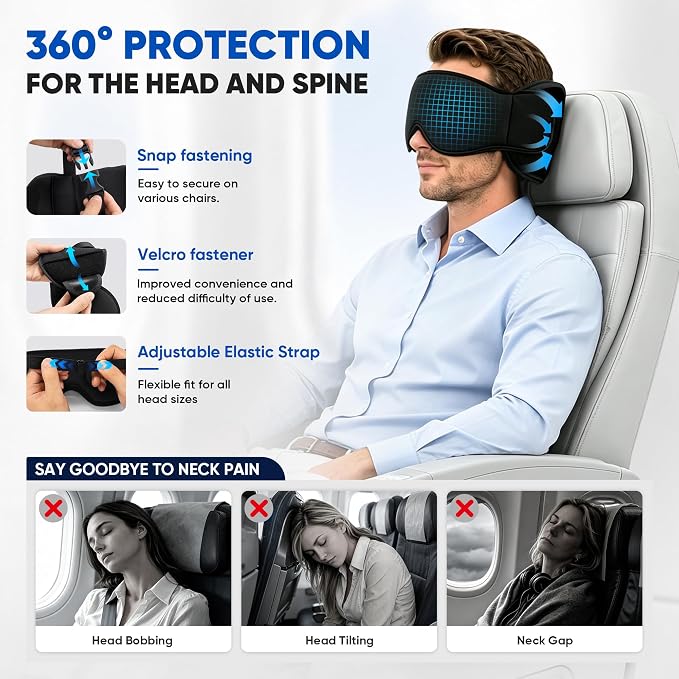 ✈️3‑in‑1 Portable Travel Sleep System 🛌 Pillow & Eye Mask | Head Neck Support for Airplane Car Train