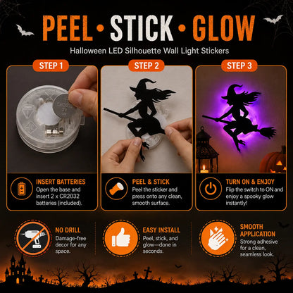 🎃 🌟8 Pcs Halloween LED Silhouette Wall Light Stickers