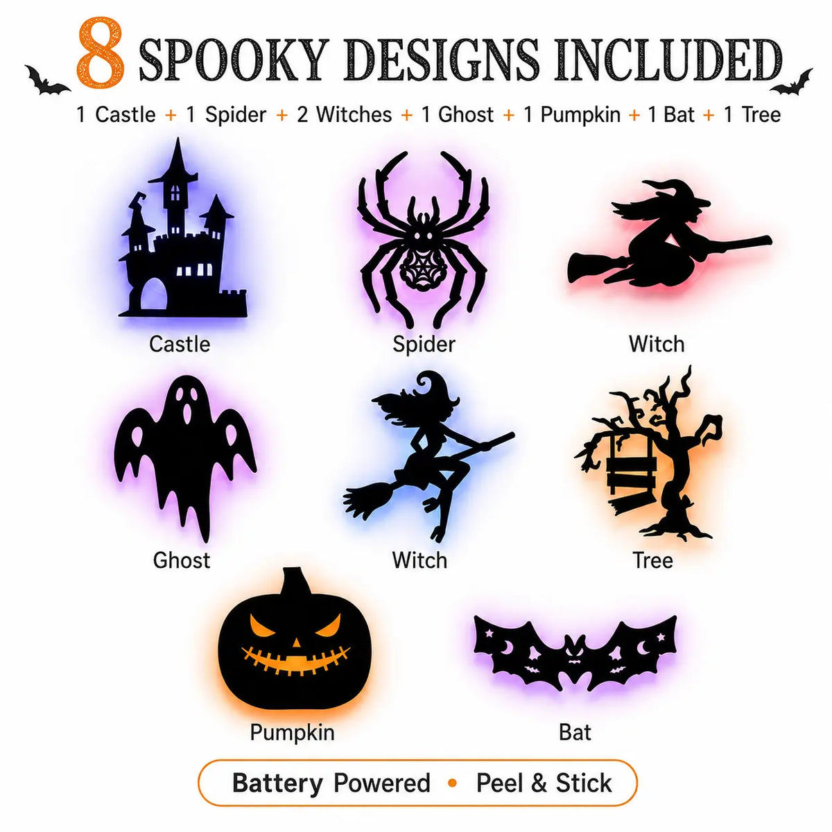 🎃 🌟8 Pcs Halloween LED Silhouette Wall Light Stickers
