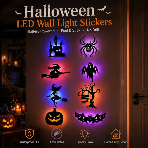 🎃 🌟8 Pcs Halloween LED Silhouette Wall Light Stickers
